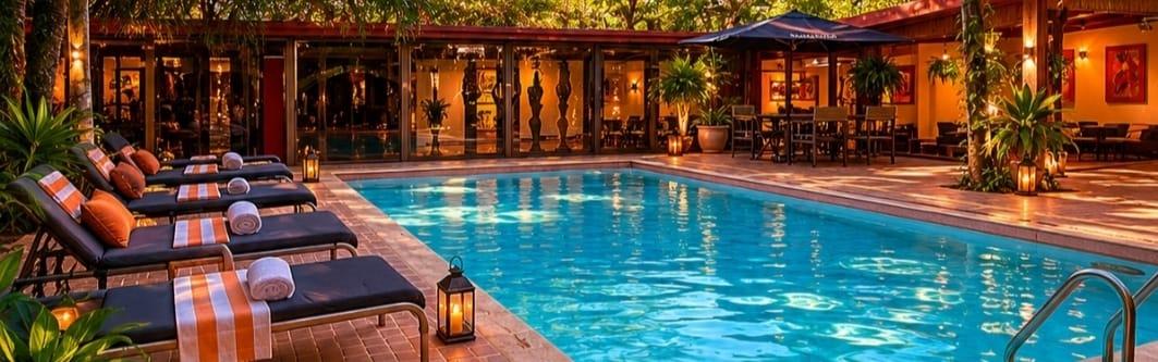 Pileta de La Locanda al atardecer, con reposeras y luces cálidas